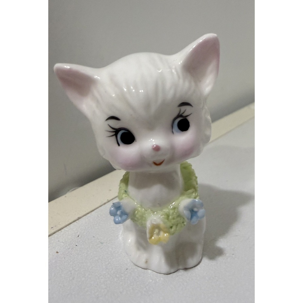 Vintage Napcoware Kitty Cat Applied Flowers Miniature Porcelain 2" Figurine